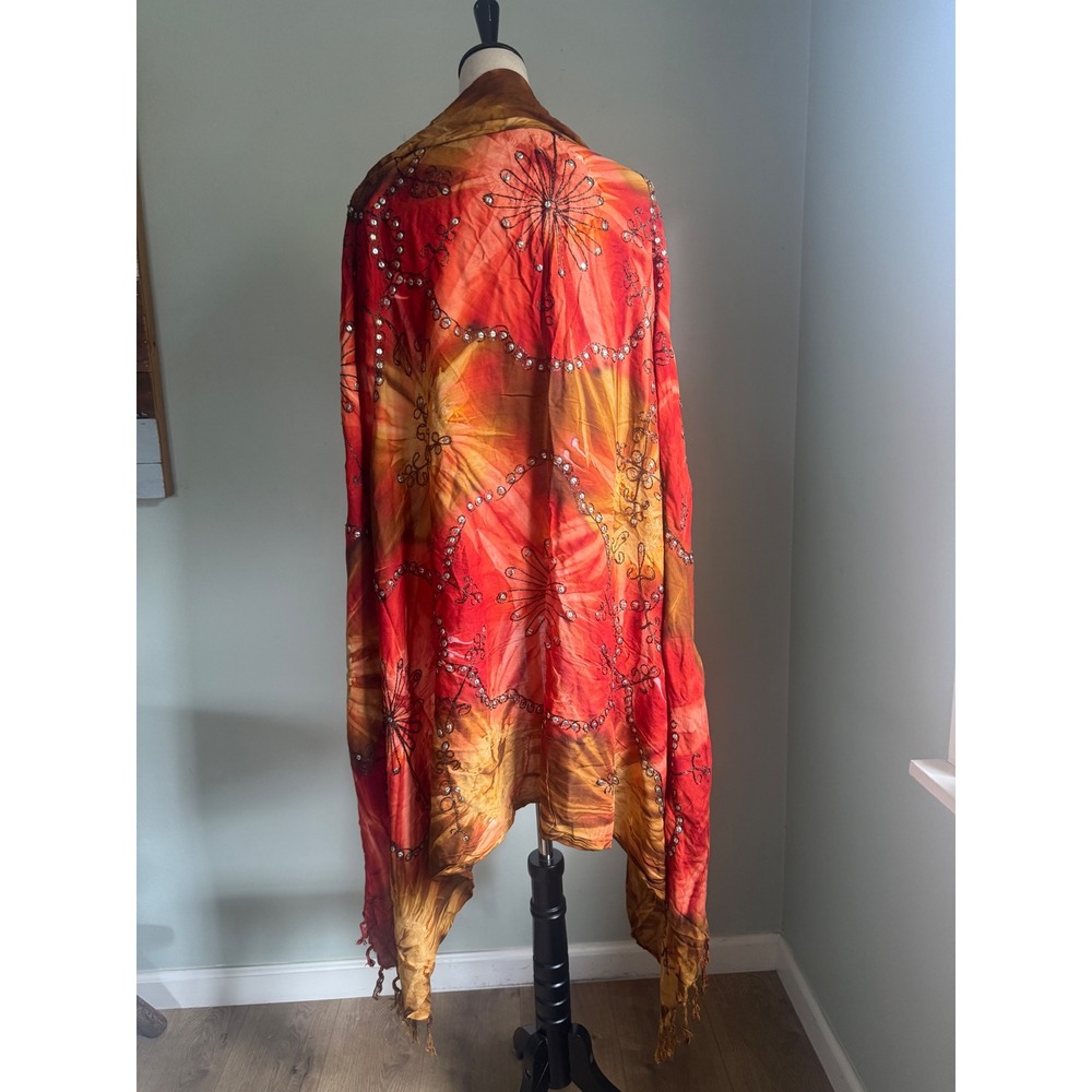 Boho Tie Dye Floral Embroidered Sequin Fringe Shawl Scarf brown red whimsigoth y